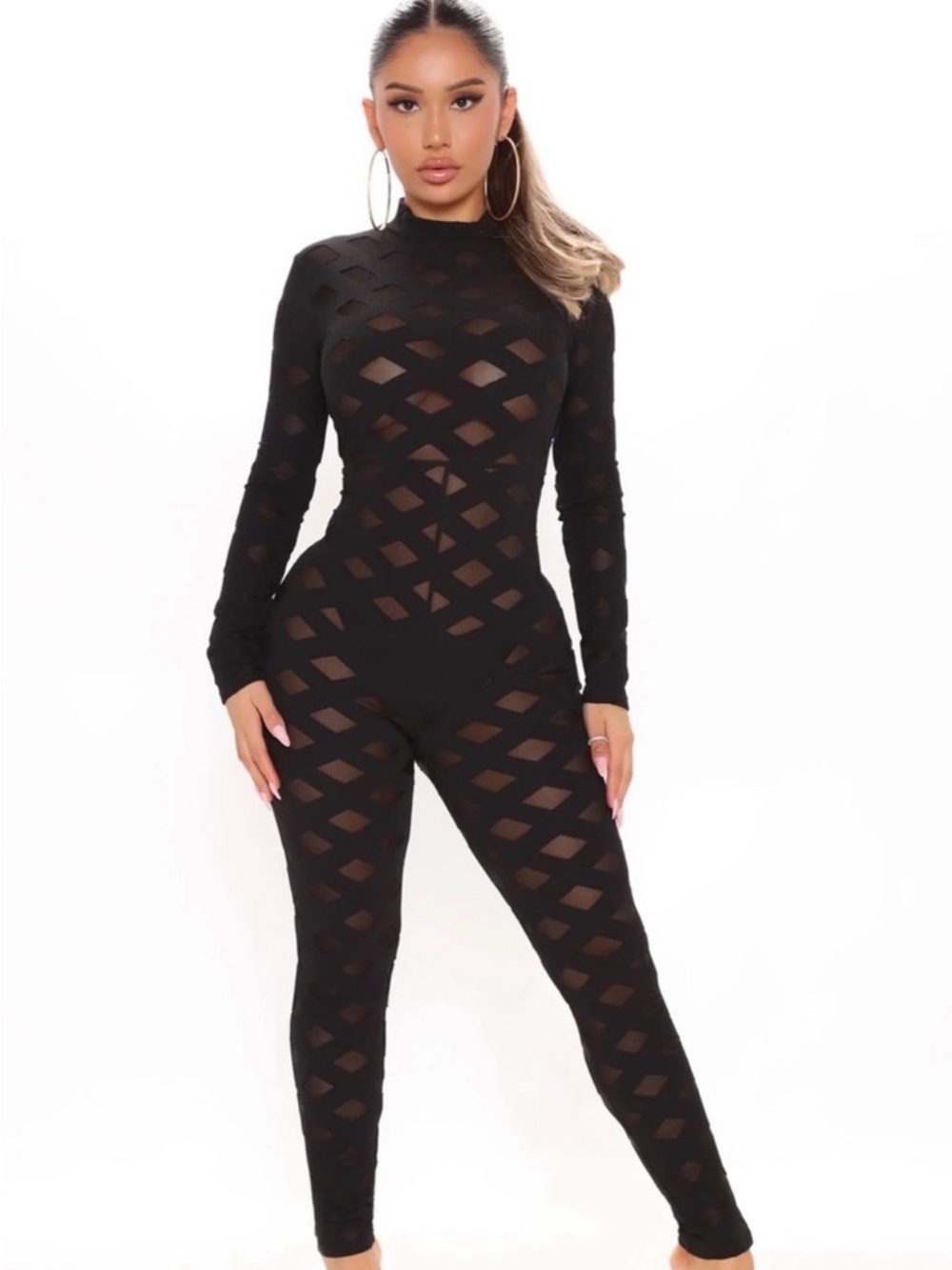 Fashion Nova Black Long Sleeve Cutout Sheer Jumpsuit